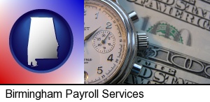 hourly payroll symbols - a stopwatch and paper money in Birmingham, AL