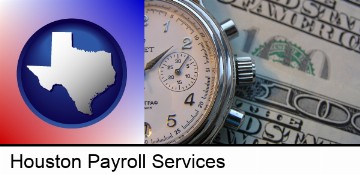 hourly payroll symbols - a stopwatch and paper money in Houston, TX