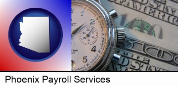 hourly payroll symbols - a stopwatch and paper money in Phoenix, AZ