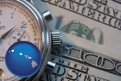 hawaii map icon and hourly payroll symbols - a stopwatch and paper money