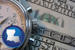 louisiana map icon and hourly payroll symbols - a stopwatch and paper money