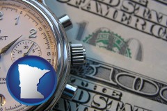 minnesota map icon and hourly payroll symbols - a stopwatch and paper money