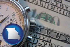 missouri map icon and hourly payroll symbols - a stopwatch and paper money