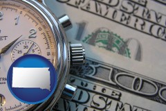 south-dakota map icon and hourly payroll symbols - a stopwatch and paper money