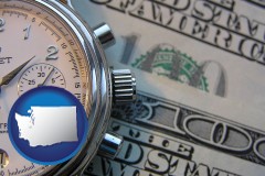 washington map icon and hourly payroll symbols - a stopwatch and paper money