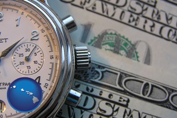 hourly payroll symbols - a stopwatch and paper money - with Hawaii icon