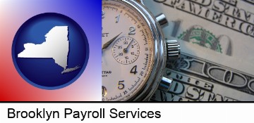 hourly payroll symbols - a stopwatch and paper money in Brooklyn, NY