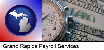 hourly payroll symbols - a stopwatch and paper money in Grand Rapids, MI