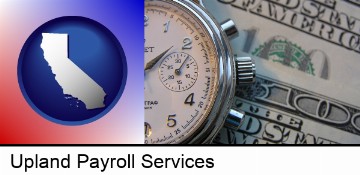 hourly payroll symbols - a stopwatch and paper money in Upland, CA