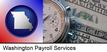 hourly payroll symbols - a stopwatch and paper money in Washington, MO
